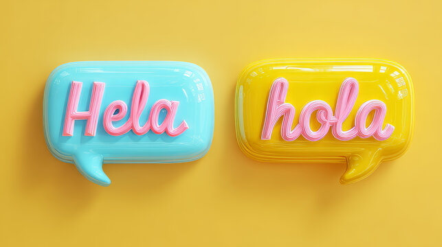 Translation concept. Hello and Hola speech bubble banner. International correspondence in English and Spanish. Online Chat. 3D Rendering