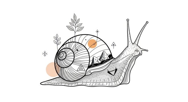 Artistic snail illustration with nature elements and geometric patterns on white