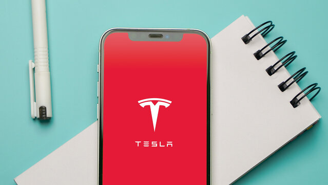Tesla logo displayed on a smartphone screen &ndash; Delhi, India &ndash; June 04, 2025