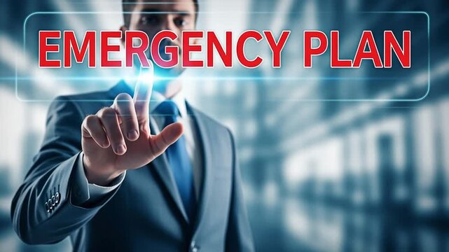 A businessman in a suit presses a virtual emergency plan button on a digital interface in a corporate setting. Concept of crisis management and risk preparedness.