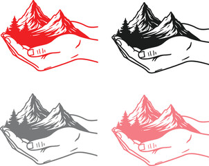 Four sketches of hands cradling mountains in different colored ink