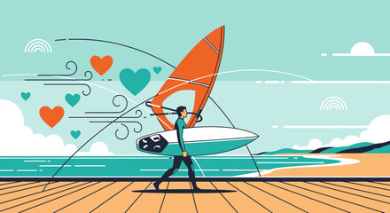 Windsurfer with Hearts and Rainbows on Beach Boardwalk