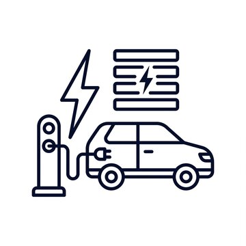 an electric car plugged into a charging station with a lightning bolt and battery bars, representing ev infrastructure, green transport, and autonomy. Outline stroke, white background.