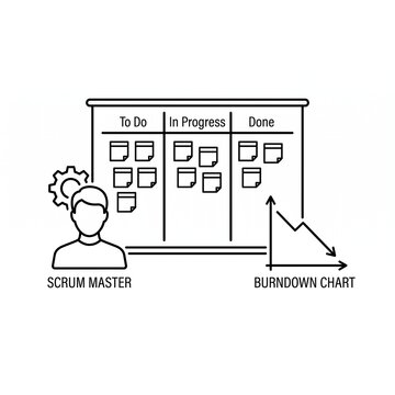 a kanban board with sticky notes, a scrum master avatar, and a burndown chart, representing agile methodology, task tracking, and team collaboration. Thin outline, white background.