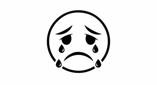 Simple black and white outline of a sad face with tears