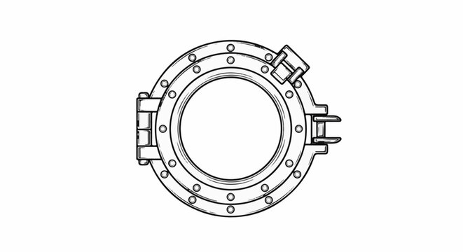 Round hatch with hinges and latch mechanism, graphic illustration
