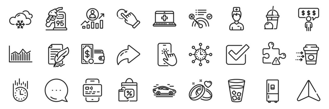 Medical help, Coffee delivery and Card line icons pack. Share, Message, Paper plane icons. Snow weather, Rotation gesture, Wallet money web icon. Vector