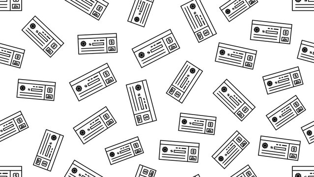 Seamless pattern featuring classic bank cheque icons with financial symbols. Business pattern vector background for banking themes. Financial check stroke outline pattern design transparent PNG.