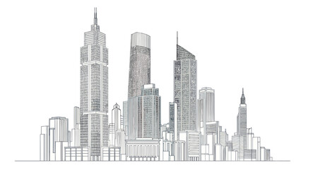 Fototapeta premium Modern city skyline illustration, detailed architectural sketch of skyscrapers