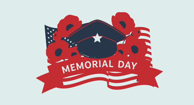 Memorial Day tribute with American flag, poppies, and military cap
