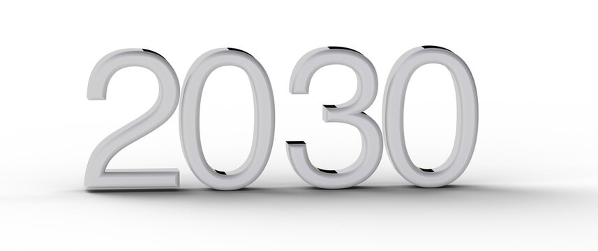 2030 in bold silver font on a white background, representing future goals and concepts.