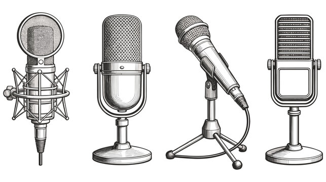 Vintage style set of microphones line art illustration for music and podcast.