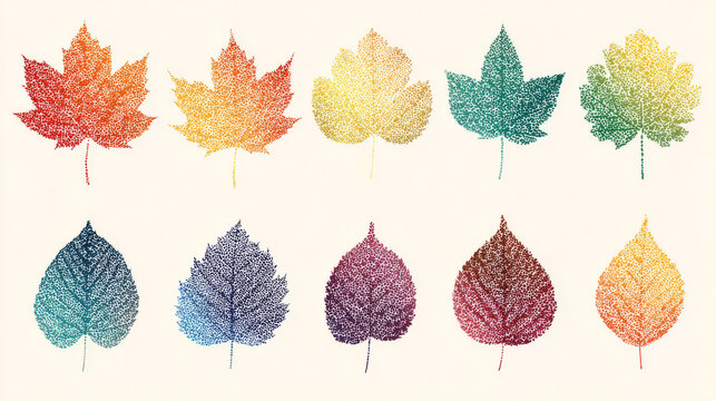 Autumn leaves icon set with stipple effects. Colourful fall leaf with sand grain or dots texture. Maple, oak, birch, ash leaf. Minimalistic and modern design. Vector illustration