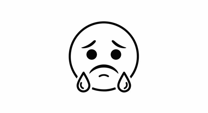 Sad emoji with tears, simplified black and white line drawing