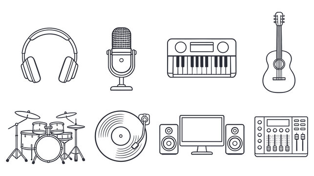 Set of music studio equipment and instruments line art vector illustration.