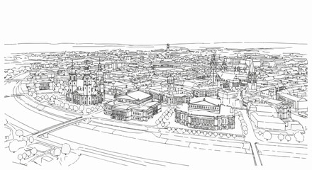 Fototapeta premium Panoramic sketch of a historic European city with grand buildings and a winding river