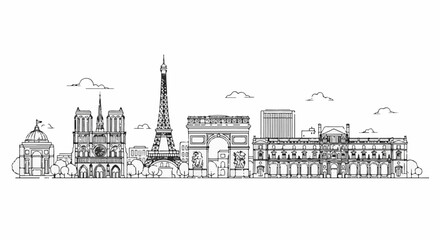 Fototapeta premium Parisian skyline sketch with iconic landmarks and clouds