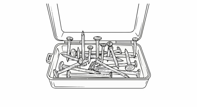 Scattered nails fill an open toolbox with a hinged lid, ready for use