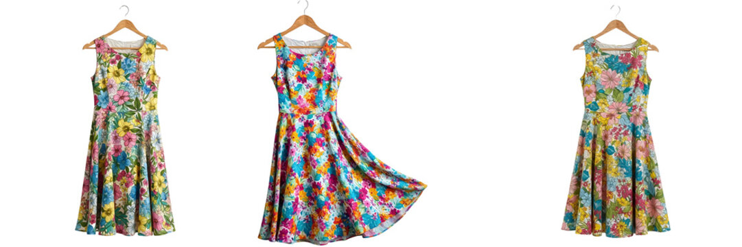 Floral Print Summer Dress Set on Wooden Hangers: Colorful Sleeveless A-Line Sun Dresses, Vibrant Flower Pattern Fashion, Stylish Women's Casual Apparel Isolated on White.