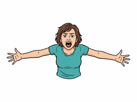 Woman Shouting with Arms Wide Open Comic Illustration