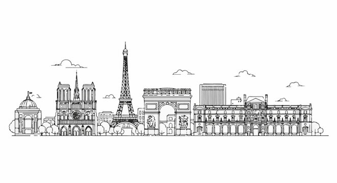 Parisian skyline sketch with iconic landmarks and clouds
