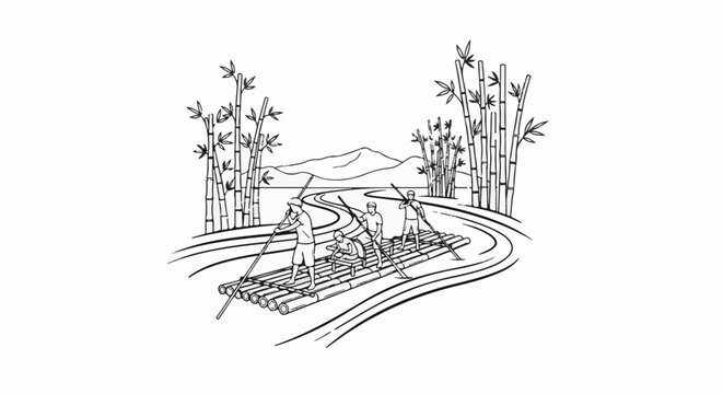 People on a bamboo raft navigate a river with bamboo trees and mountains
