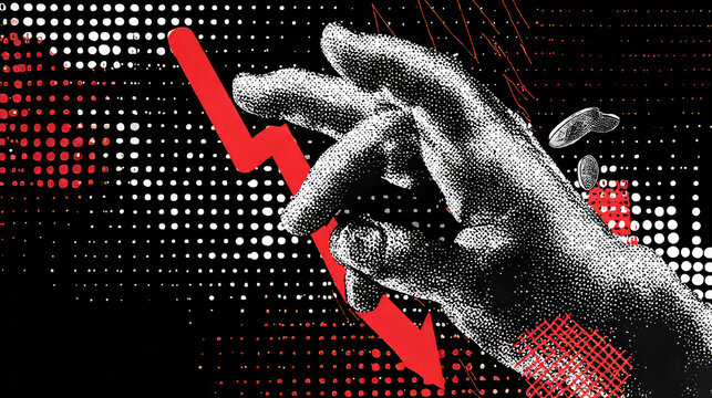 Trendy Halftone Collage Pointing hand and red arrow going down. Financial problems business failure. Falling trading market. Crisis and despair. Investment losses. Contemporary vector illustration art