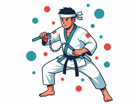 Karate Fighter Holding Nunchucks in Fighting Stance