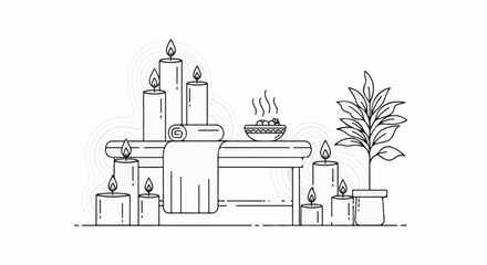 Naklejka premium Serene spa setup with candles, towel, plant, and steaming bowl