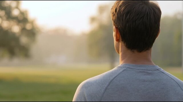 Back View of Man Practicing Deep Breathing Outdoors, Calm and Mindfulness Concept.