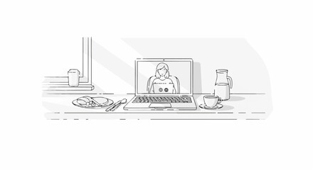 Obraz premium Person in video call, laptop, coffee, and breakfast spread on a desk