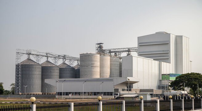 Exterior view of a large-scale animal feed mill plant or grain terminal.Large industrial grain silo complex and food processing factory building.