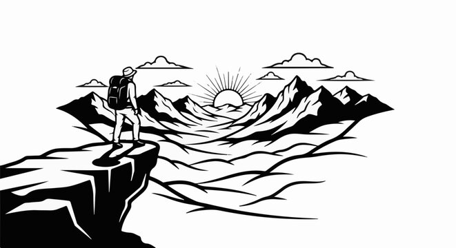 Silhouette of a hiker on a cliff edge overlooking a mountain range at sunrise