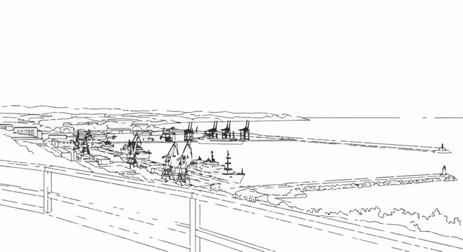Sketch of a busy harbor with ships, cranes, and breakwaters under a clear sky