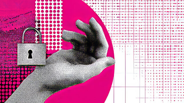 Trendy Halftone Collage with Human Hand holding Pin Code on Screen Computer Laptop. Locked padlock with password. Protecting your personal data online. Contemporary vector illustration art