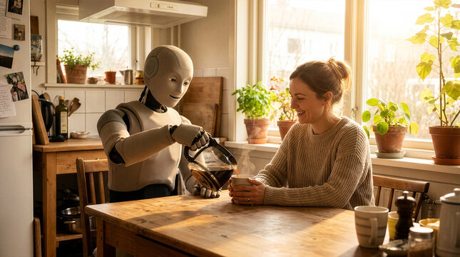 Humanoid Robot Pouring Coffee for Smiling Woman at Kitchen Table Domestic AI Assistant in Cozy Home Setting