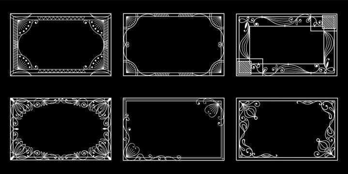 Openwork vintage rectangular frames. Square framework. Filigree flourish. Botanical motif. Decorative ornament. Embellish border. Vector set of white design elements on black background