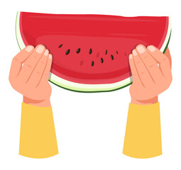 Hands holding large cut piece of watermelon. Natural healthy dessert. Juicy plant. Big melon part. Fresh red berry with seeds and peels. Fruit eat. Food slice in arms. Vector concept © VectorBum