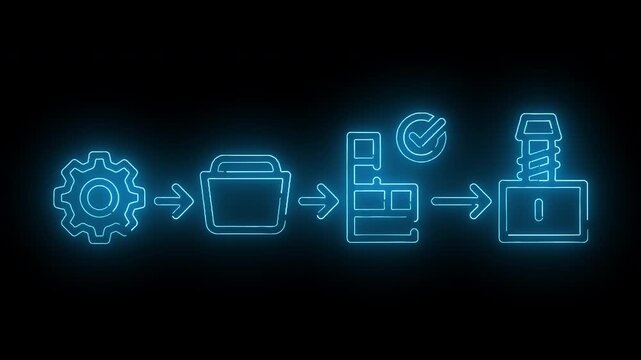 Neon-lit flowchart icons depicting a process on a black background with glowing blue lines and symbols.