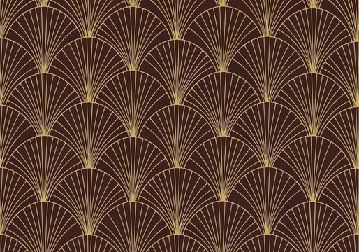 Art deco seamless pattern with golden fan shapes on a dark brown background