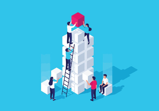 Teamwork concept with people building a tower of white cubes and placing a red block on top, isometric business illustration
