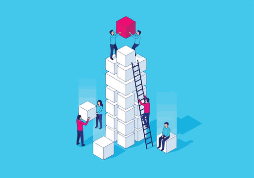 Isometric illustration of a team of people building a tall tower of white cubes with a red cube on top