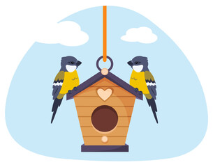 Two little birds sitting on roof of wooden birdhouse. Flying animals. Starling shelters. Handmade craft houses for tits. Titmouse couple. Sparrow dwelling hanging on rope. Vector concept © VectorBum