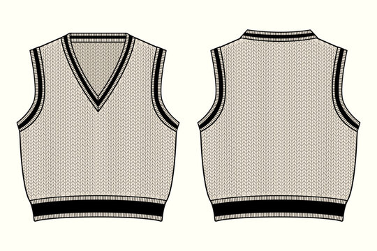 Classic V-Neck Cable Knit Sleeveless Sweater Vest Apparel Flat Sketch Template 