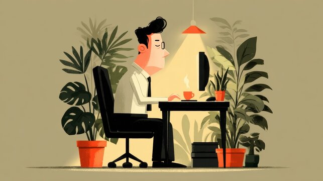 An illustration demonstrating prolonged sitting at a desk, a concept of a sedentary lifestyle