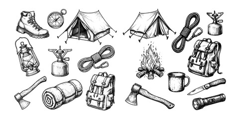 Camping Essentials Engraving Illustration Set © Gabut Stock