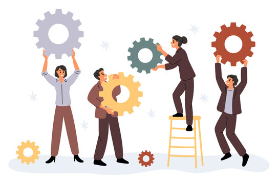 Team of male and female professionals assemble gear mechanism. Demonstrating teamwork and cohesion at work. Colleagues group. Business cooperation. Effective partnership. Vector concept