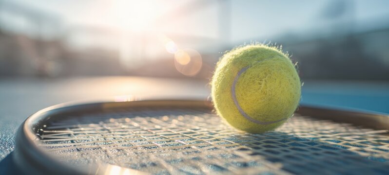 The Tennis Ball on a Racket at Sunset on a Blue Tennis Court