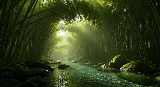 Serene bamboo forest and stream scene with sunlight filtering through trees