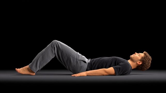 A person lies on his back, gently stretching the spine, knees pulled to the chest, visualization of the lengthening of the spine, exercises for physical therapy rehabilitation